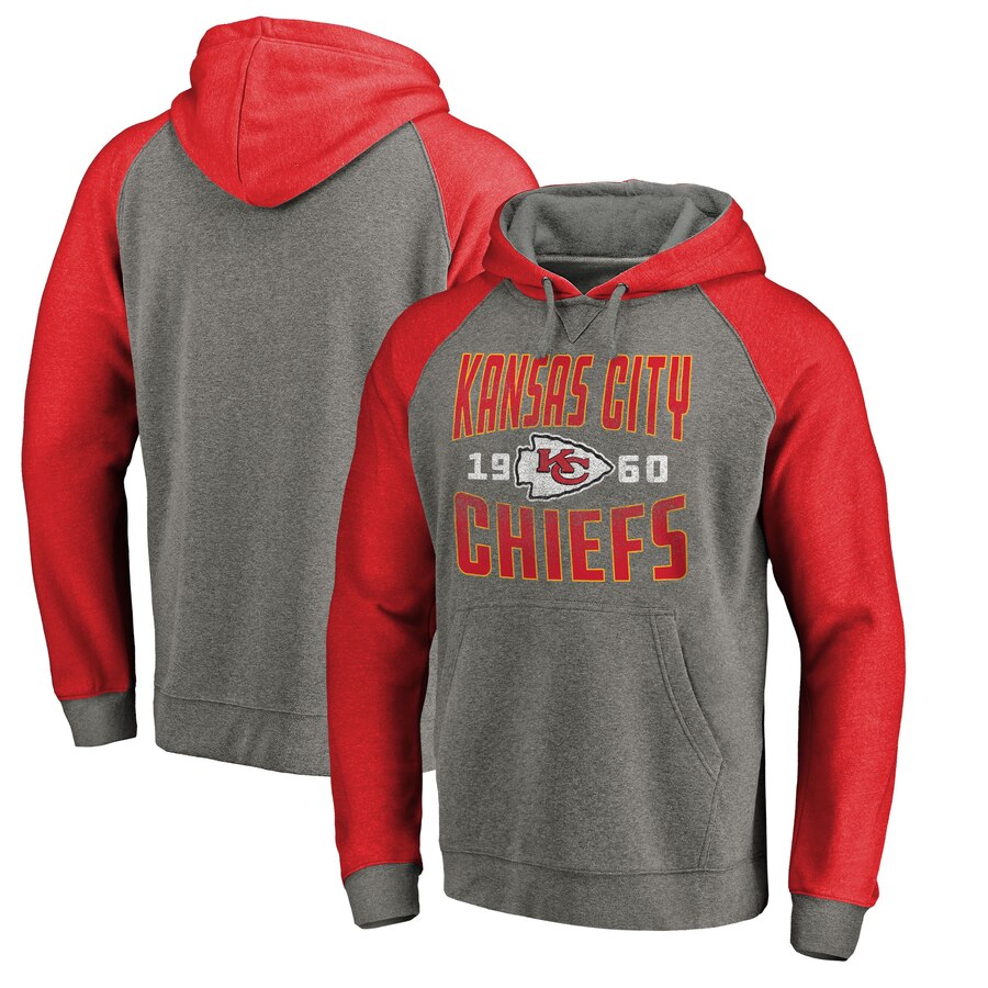 Men Kansas City Chiefs NFL Pro Line by Fanatics Branded Timeless Collection Antique Stack TriBlend Raglan Pullover Hoodie Ash->kansas city chiefs->NFL Jersey